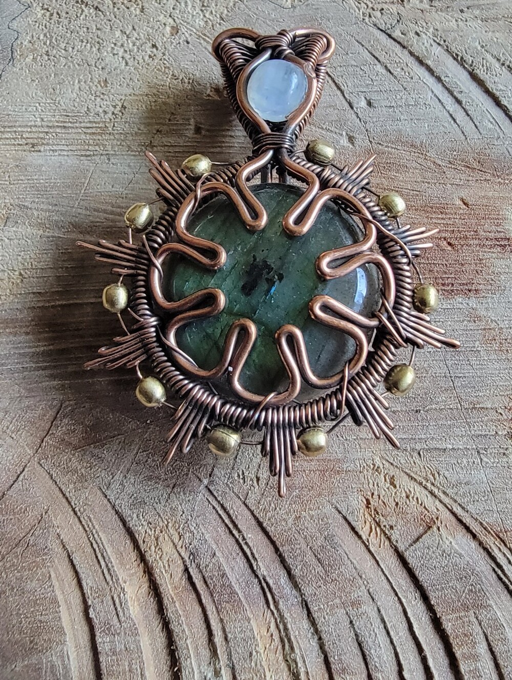 Handcrafted Copper Wire Wrapped Green Labradorite & Moonstone Pendant